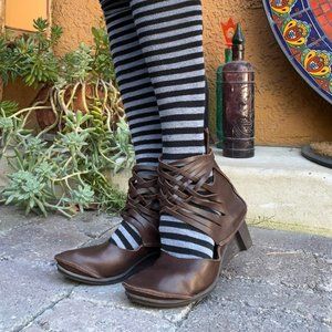 TRIPPEN x+os Brown Braided Leather Ankle Wrap Wedge Shoe 39